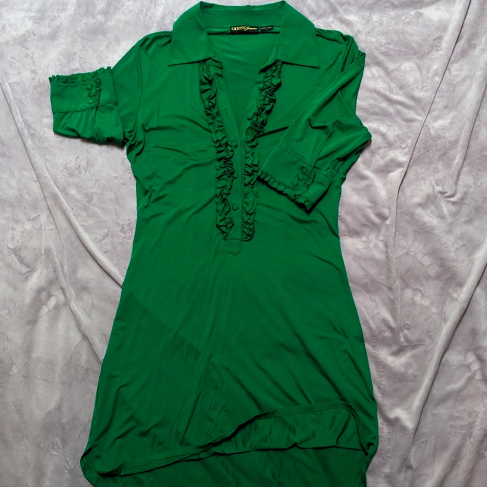 Vintage Guess Bodycon Dress w/Ruffles in Kelly Green - Size L - MAKE OFFER!